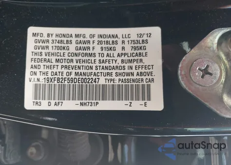 2013 Honda Civic Lx из США, поврежденный, VIN 19XFB2F59DE002247